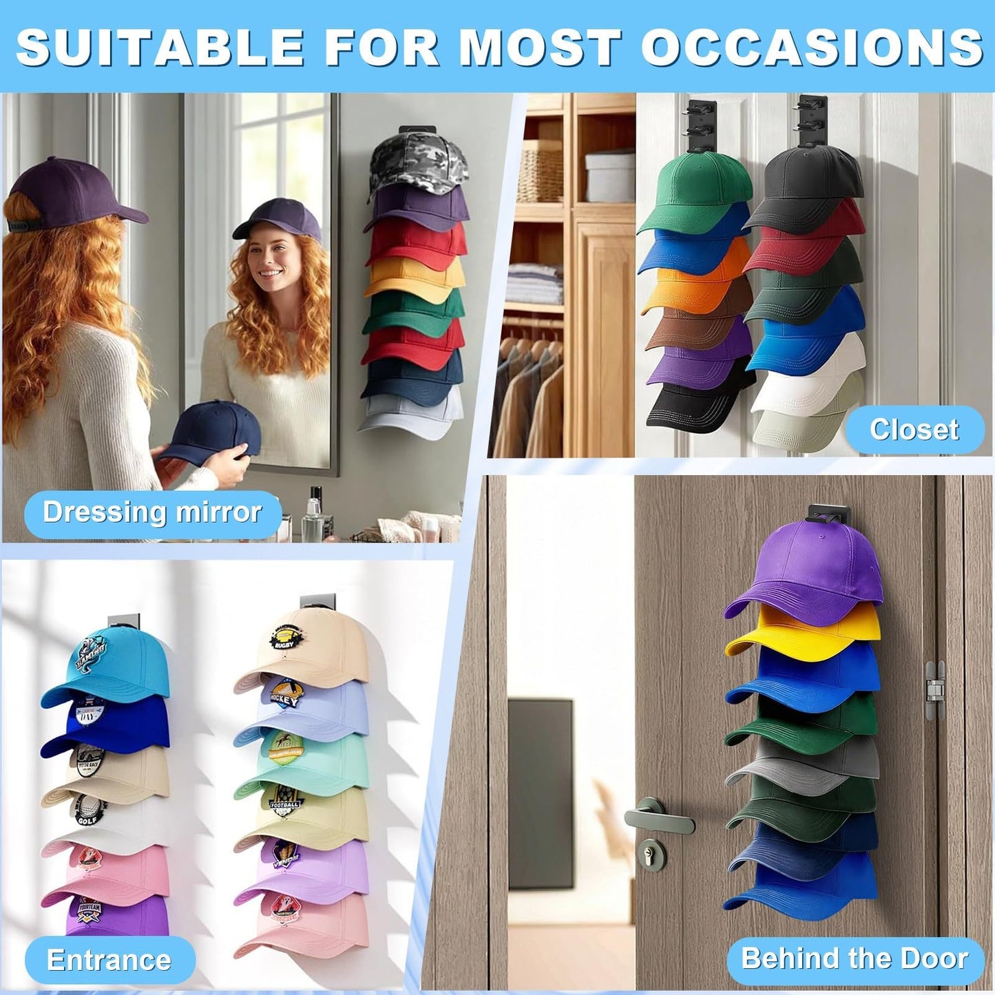 Wall-Mounted Baseball Cap Organizer Rack (8-Tier Single)