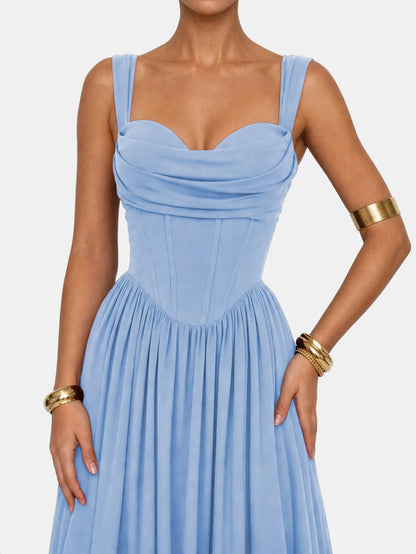 French Corset Pleated Maxi Dress - Strapless Flowy Vacation & Evening Dress