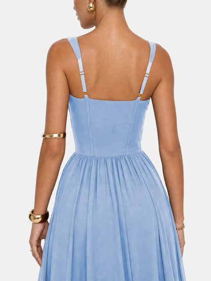 French Corset Pleated Maxi Dress - Strapless Flowy Vacation & Evening Dress