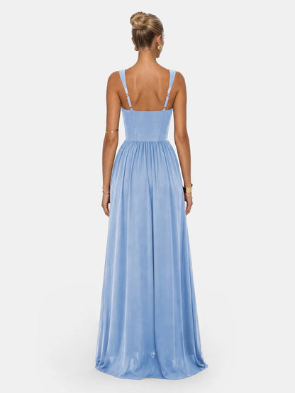 French Corset Pleated Maxi Dress - Strapless Flowy Vacation & Evening Dress