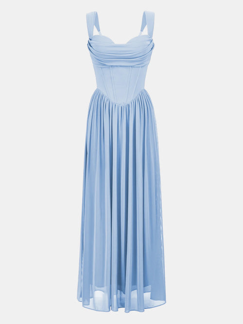 French Corset Pleated Maxi Dress - Strapless Flowy Vacation & Evening Dress