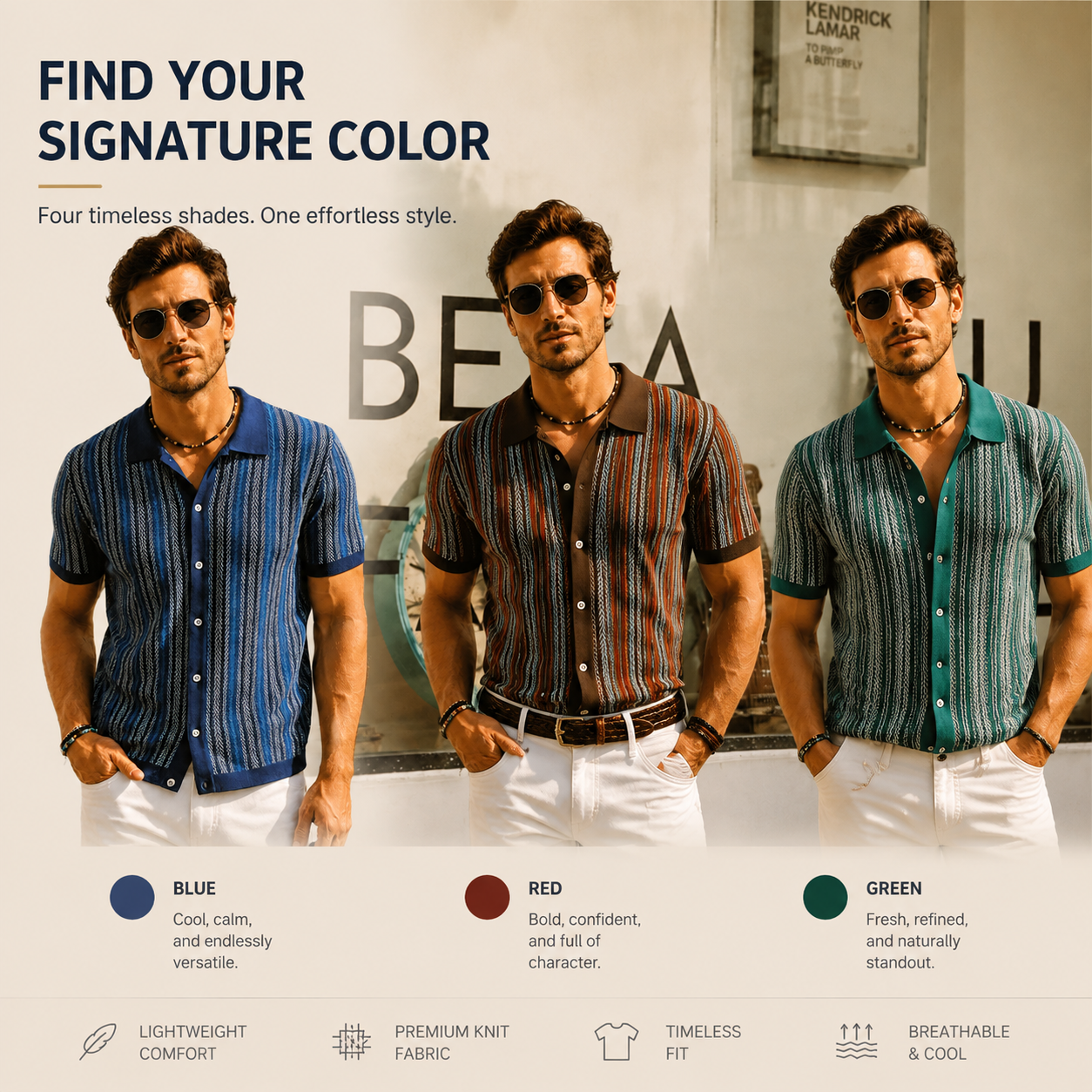 Men’s Vintage Striped Knit Polo Shirt – Retro Button-Front Short Sleeve Top
