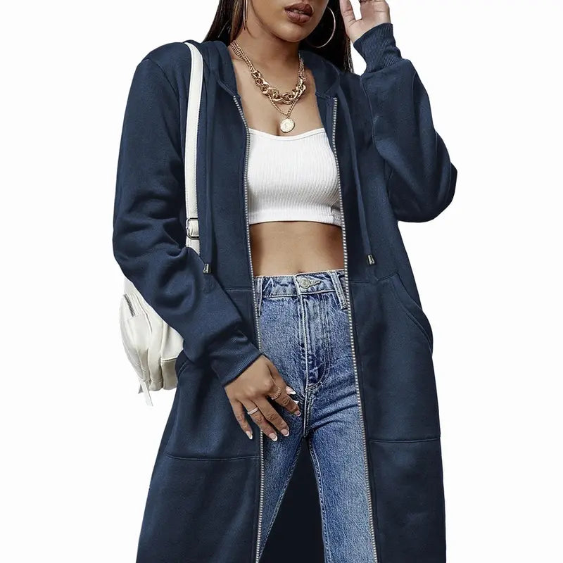 Women's Mid-Length Hooded Cardigan – Casual Open-Front Coat