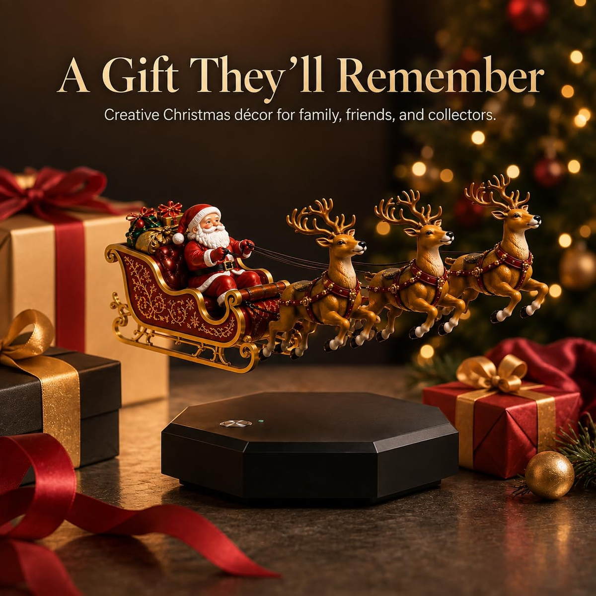 Magnetic Levitation Santa Sleigh – with Lights, Tabletop and Mantel Decorations