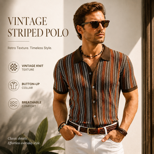Men’s Vintage Striped Knit Polo Shirt – Retro Button-Front Short Sleeve Top
