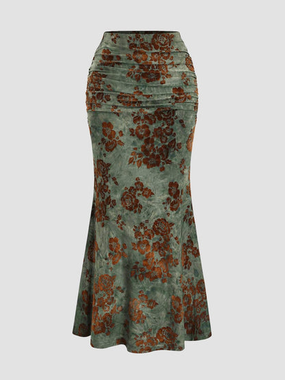 Women's Floral Deep V Neck Crop Top & Fish Tail Skirt Set, All-Over Print Design