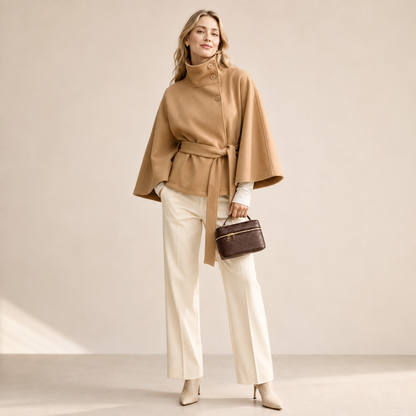 Women's Belted Cape Coat – Oversized Cropped Poncho Jacket