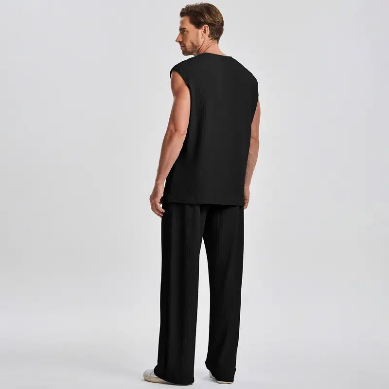 Mens 2 Piece Rib Knit Sweatsuit Tank Top Baggy Wide Leg Pants Set Vacation Beach Outfit for Men