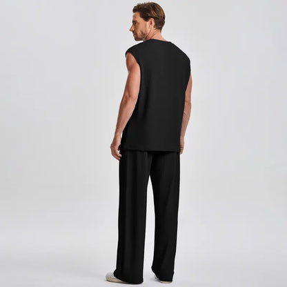 Mens 2 Piece Rib Knit Sweatsuit Tank Top Baggy Wide Leg Pants Set Vacation Beach Outfit for Men