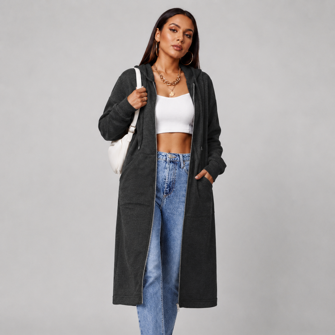 Women's Mid-Length Hooded Cardigan – Casual Open-Front Coat