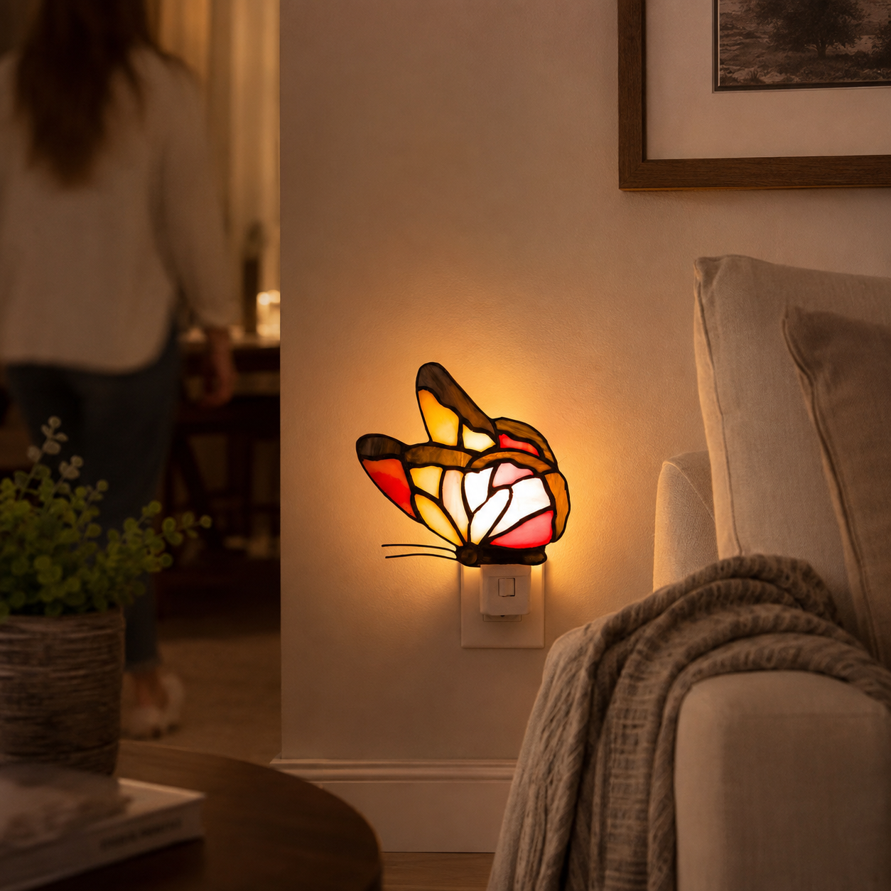 Vintage Orange Butterfly Stained Glass Accent Lamp