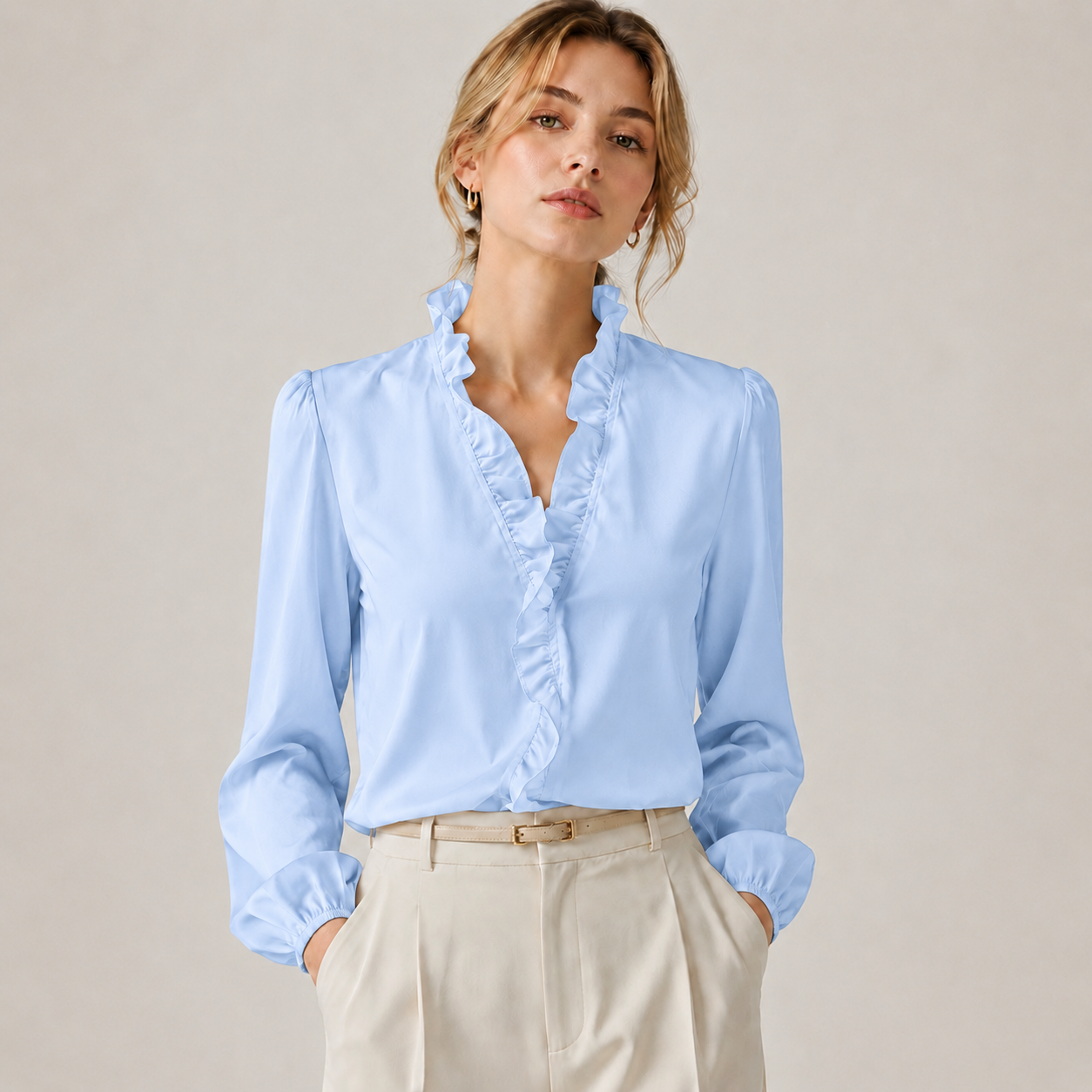 Women’s Ruffled V-Neck Puff Sleeve Blouse – Elegant Everyday Top
