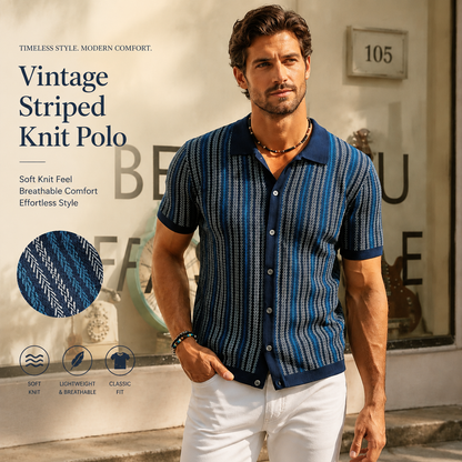 Men’s Vintage Striped Knit Polo Shirt – Retro Button-Front Short Sleeve Top