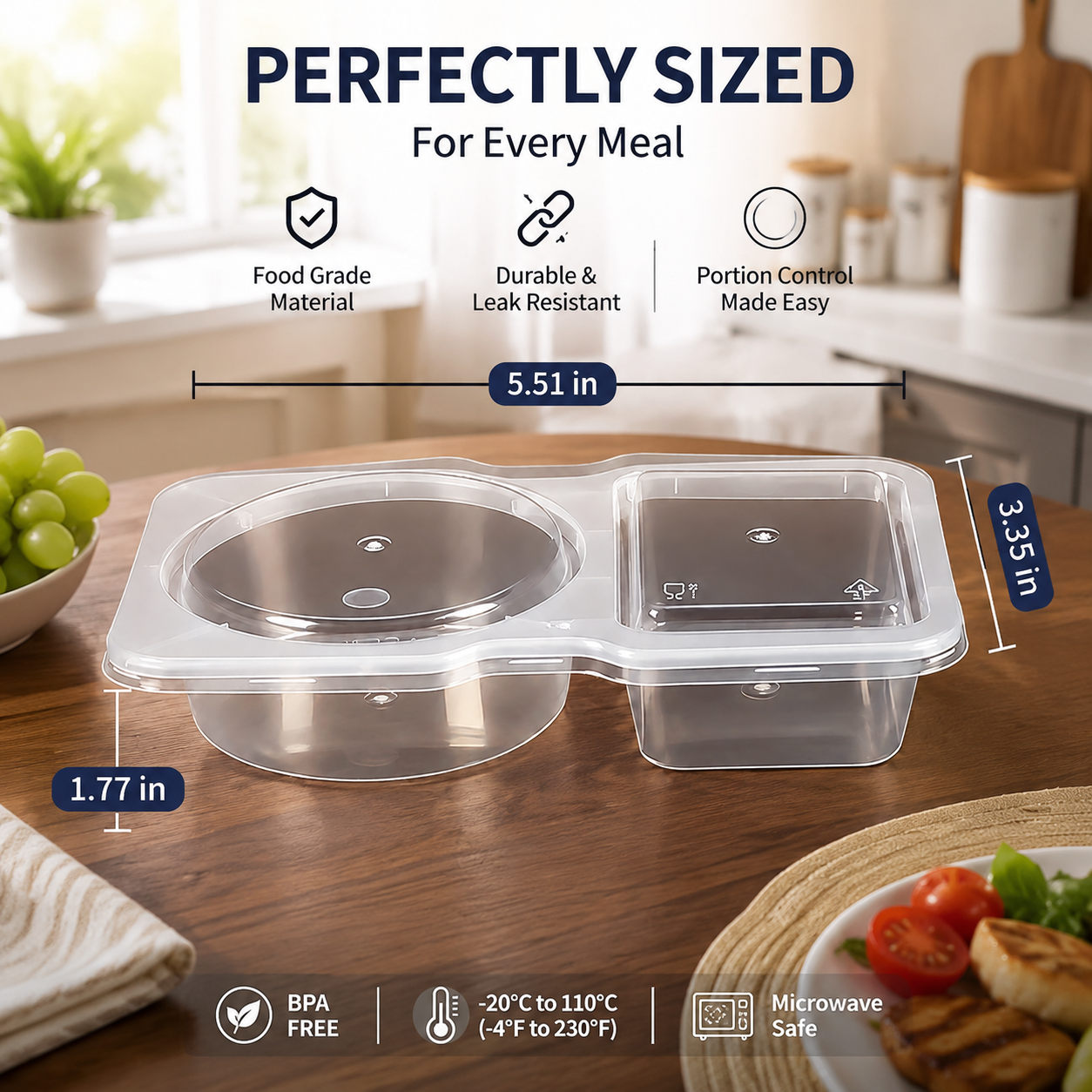 2-Compartment Reusable Snack Containers with Lids – Stackable Meal Prep Set