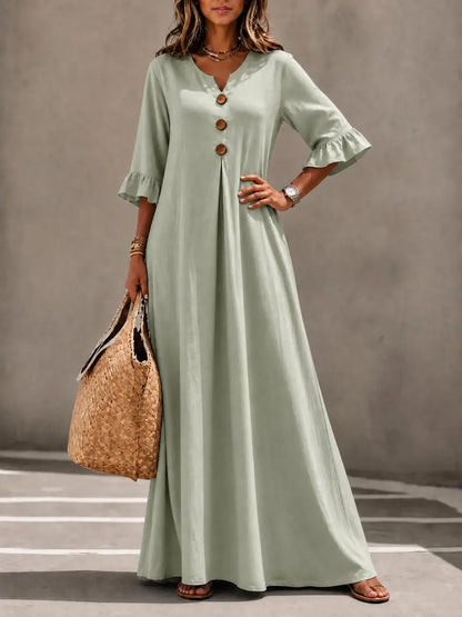 Women's Boho V-Neck Dress with Wooden Buttons, Ruffle Sleeves & Loose A-Line Fit