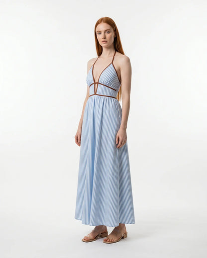 Instant Slimming Striped Maxi Dress – Elegant Deep V-Neck Halter Resort Dress