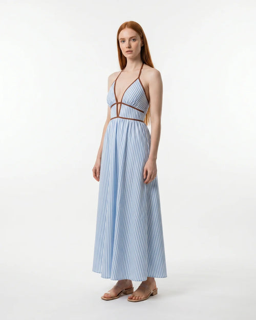 Instant Slimming Striped Maxi Dress – Elegant Deep V-Neck Halter Resort Dress