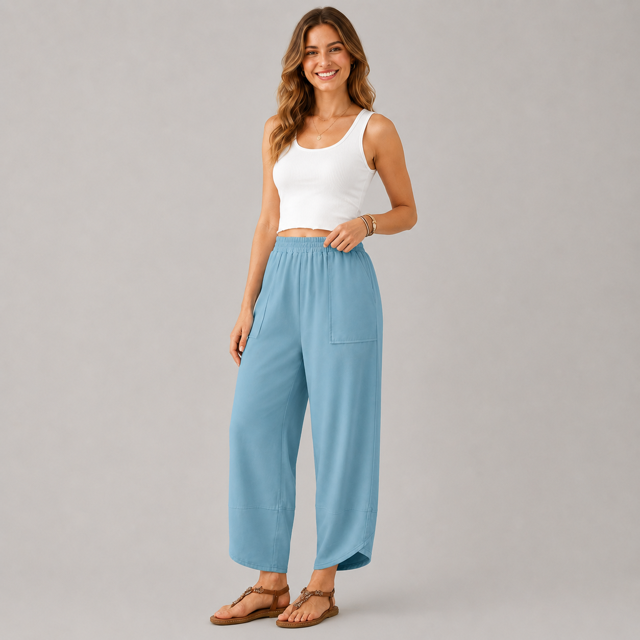 Women’s High-Waist Smocked Harem Pants – Lightweight Relaxed Fit with Pockets