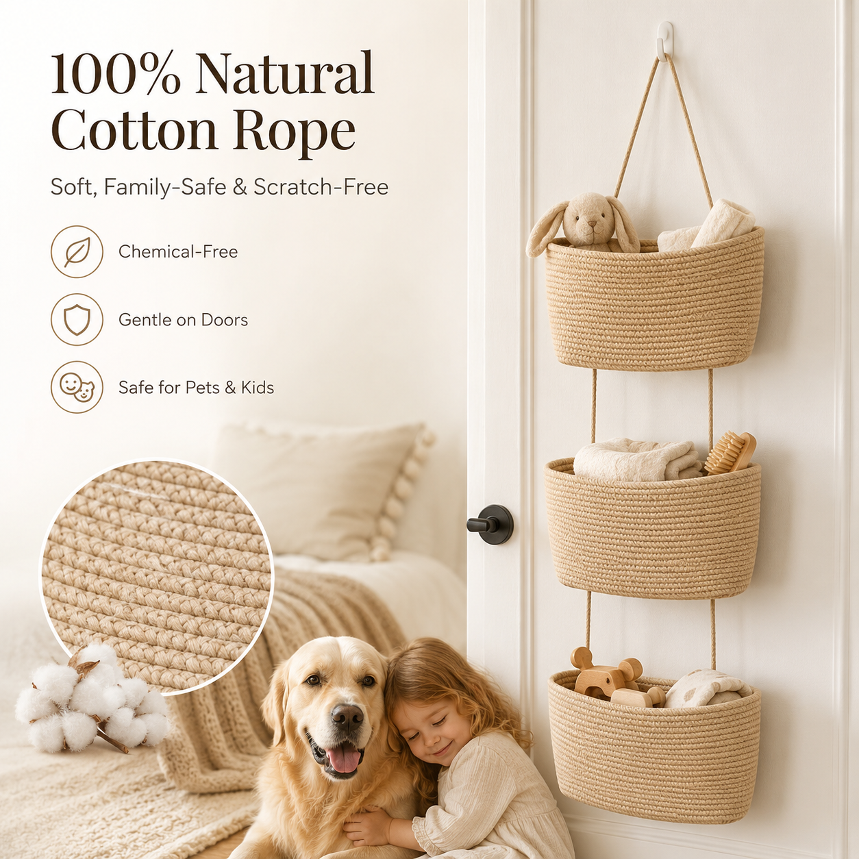 Over the Door Woven Hanging Storage Baskets – Easy-Reach 3-Tier Wall Mounted Cotton Organizer for Decluttering Any Room