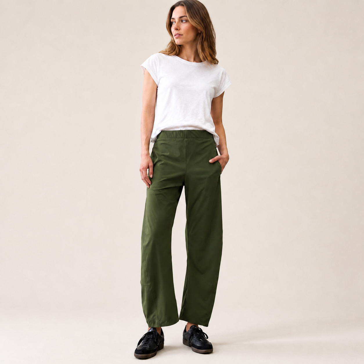 Women's Mid Rise Barrel Leg Pants, Elastic Waist Baggy Casual Trousers with Pockets