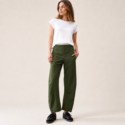 Women's Mid Rise Barrel Leg Pants, Elastic Waist Baggy Casual Trousers with Pockets