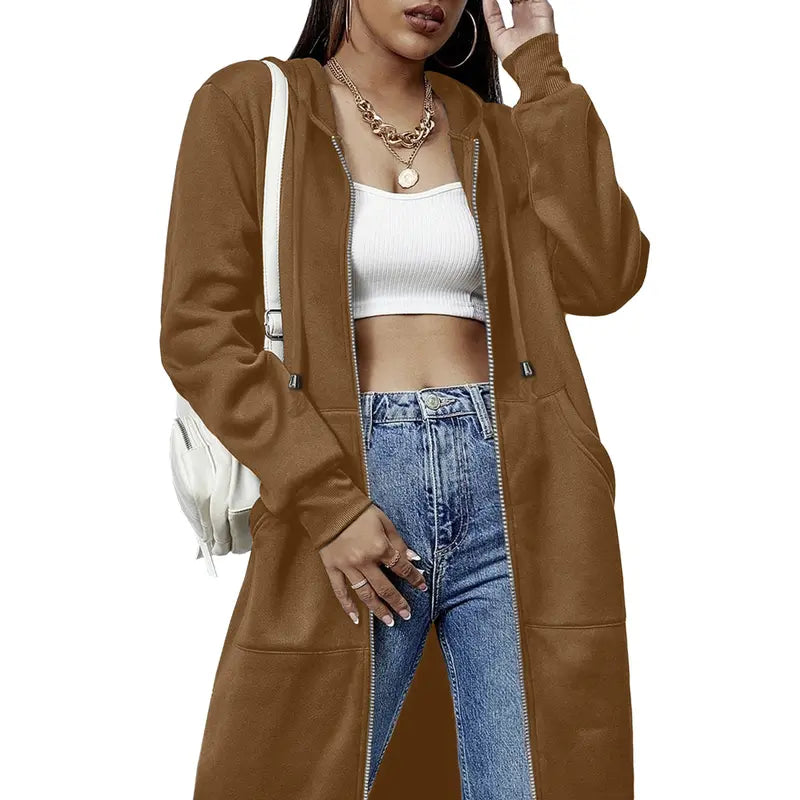Women's Mid-Length Hooded Cardigan – Casual Open-Front Coat