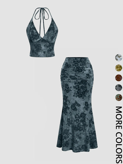 Women's Floral Deep V Neck Crop Top & Fish Tail Skirt Set, All-Over Print Design
