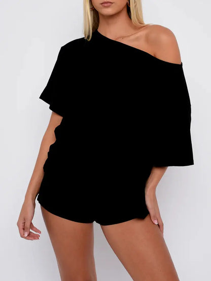 Women’s Casual Two Piece Lounge Set Off Shoulder Top & Fitted Shorts