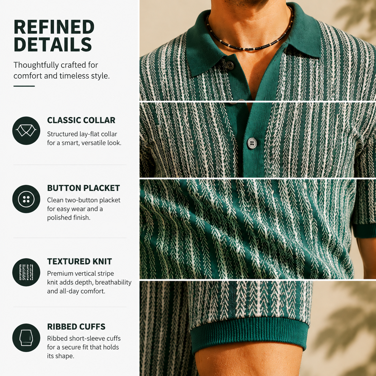 Men’s Vintage Striped Knit Polo Shirt – Retro Button-Front Short Sleeve Top