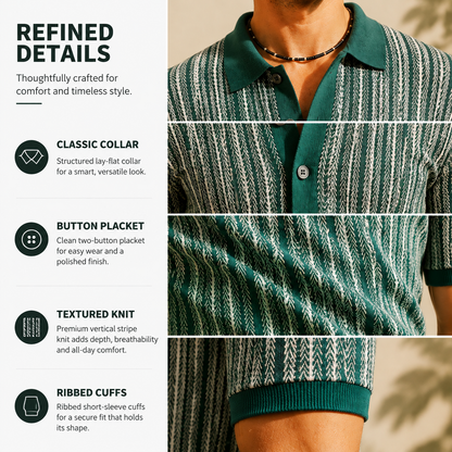 Men’s Vintage Striped Knit Polo Shirt – Retro Button-Front Short Sleeve Top