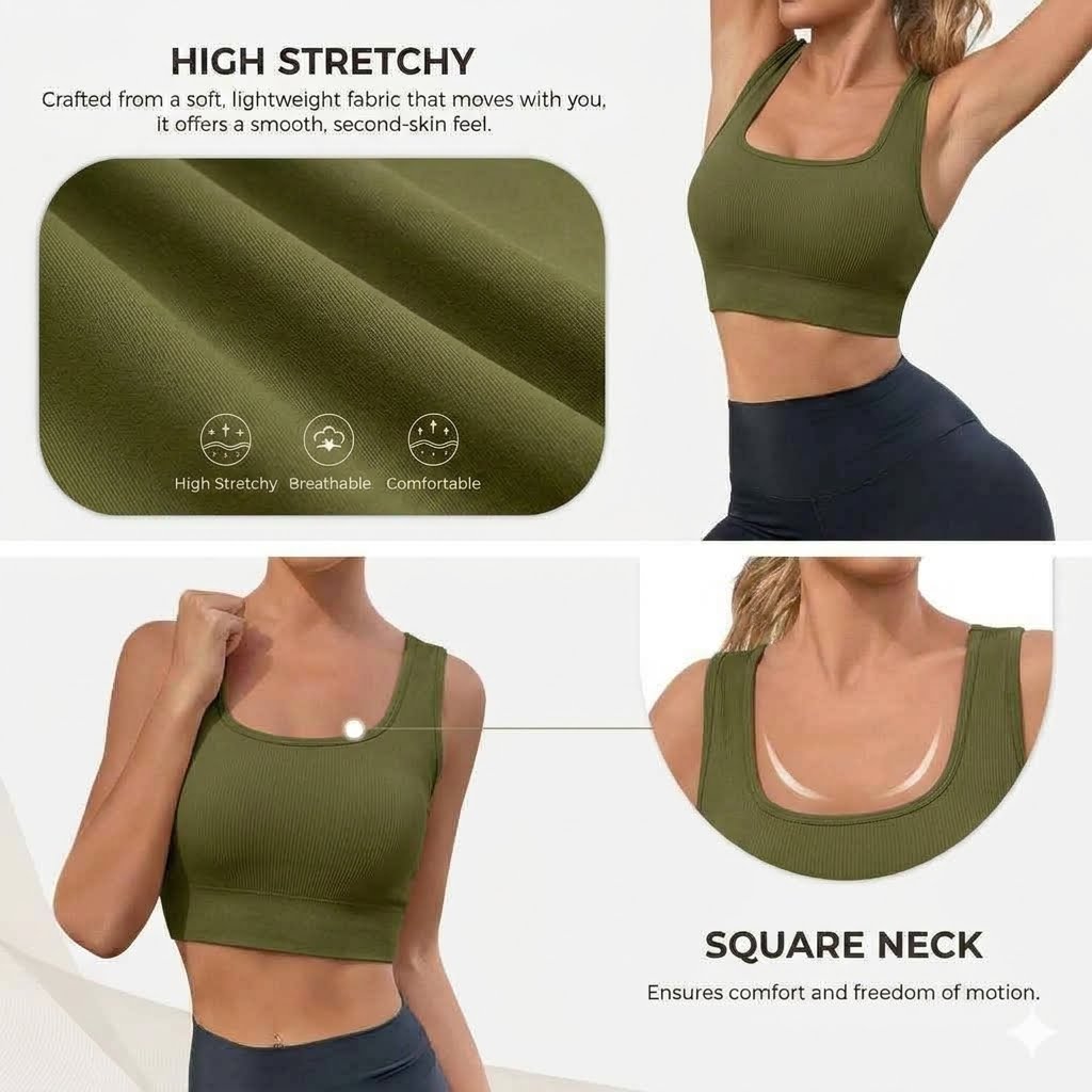High-Stretch Square Neck Y-Back Sports Bra with Removable Pads