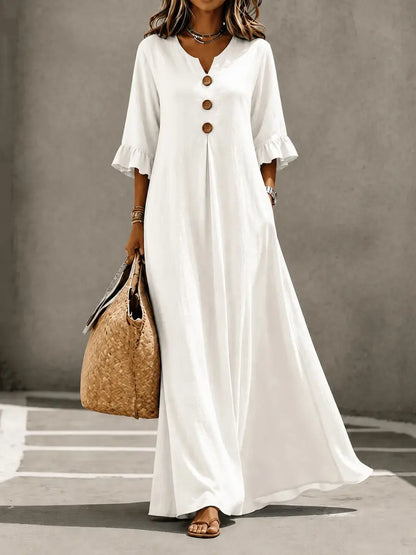 Women's Boho V-Neck Dress with Wooden Buttons, Ruffle Sleeves & Loose A-Line Fit
