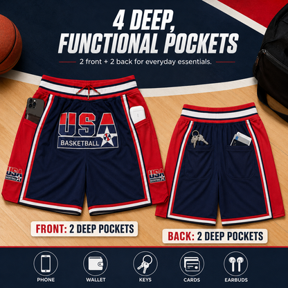 The Classic '92 Dream Edition USA Shorts – High-Quality Embroidered Retro Hardwood Basketball Shorts