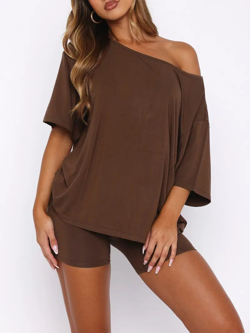Women’s Casual Two Piece Lounge Set Off Shoulder Top & Fitted Shorts