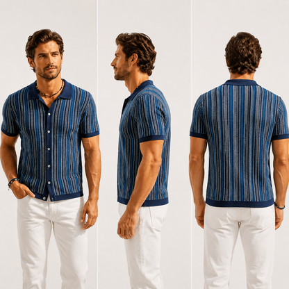 Men’s Vintage Striped Knit Polo Shirt – Retro Button-Front Short Sleeve Top
