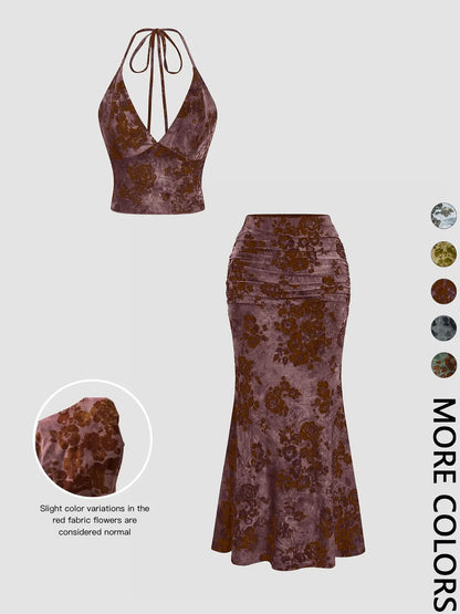 Women's Floral Deep V Neck Crop Top & Fish Tail Skirt Set, All-Over Print Design