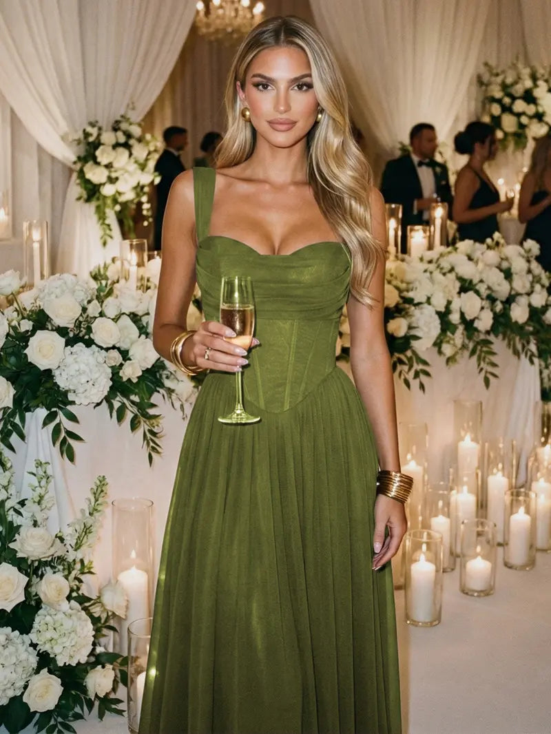 French Corset Pleated Maxi Dress - Strapless Flowy Vacation & Evening Dress