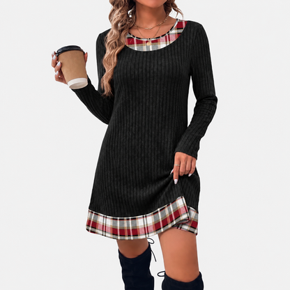 Contrast Plaid Trim Ribbed Knit Sweater Dress | Casual Long Sleeve Fall Mini Dress