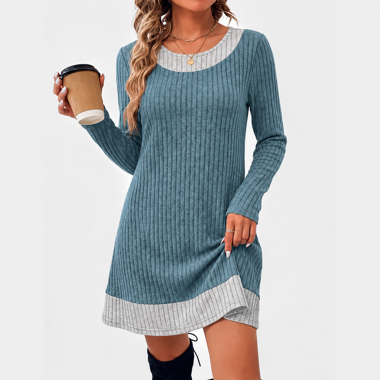 Contrast Plaid Trim Ribbed Knit Sweater Dress | Casual Long Sleeve Fall Mini Dress