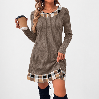 Contrast Plaid Trim Ribbed Knit Sweater Dress | Casual Long Sleeve Fall Mini Dress