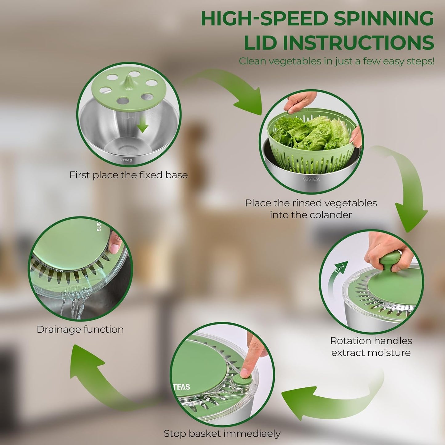 Stainless Steel Salad Spinner Large with 5 Blade Slicer Egg Yolk Strainer Shredder