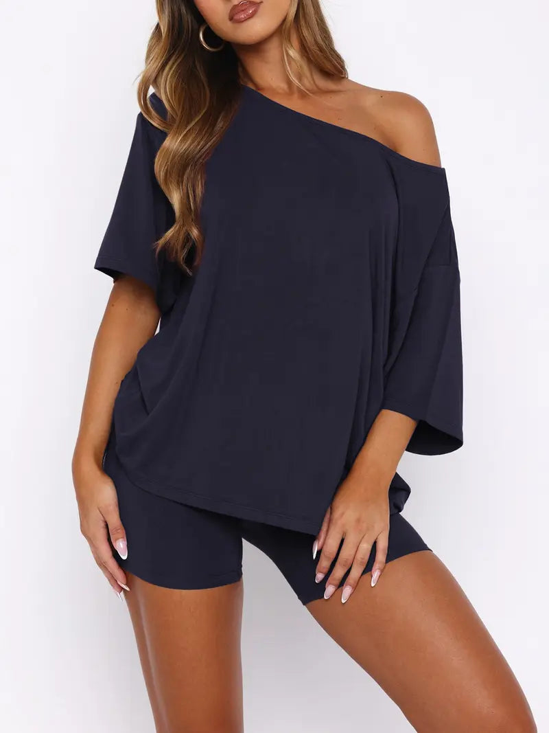 Women’s Casual Two Piece Lounge Set Off Shoulder Top & Fitted Shorts