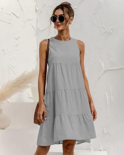 Solid Sleeveless Ruffle Sundress Round Neck A Line Pleated Mini Short T Shirt Dress
