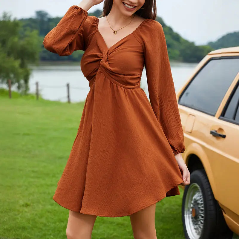 Sweetheart Twist-Front Long Sleeve Mini Dress