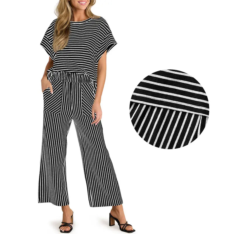 Women's Striped Short-Sleeve T-Shirt &amp; Wide-Leg Pants Set