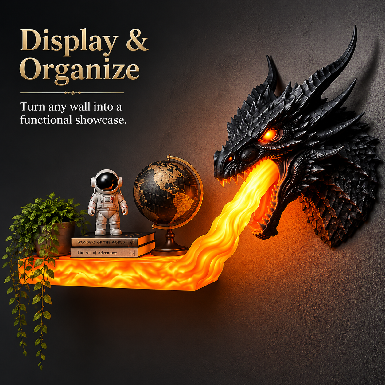 LED fire-breathing dragon wall decoration, wall hanging shelf with glowing flame lights