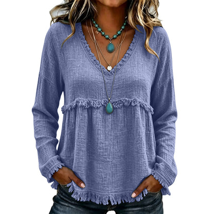 Bohemian Charm Fringe V-Neck Pullover — Effortless Elegance