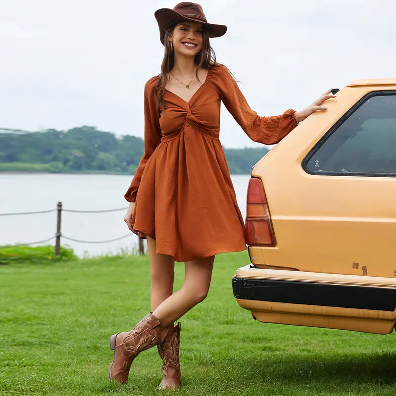 Sweetheart Twist-Front Long Sleeve Mini Dress