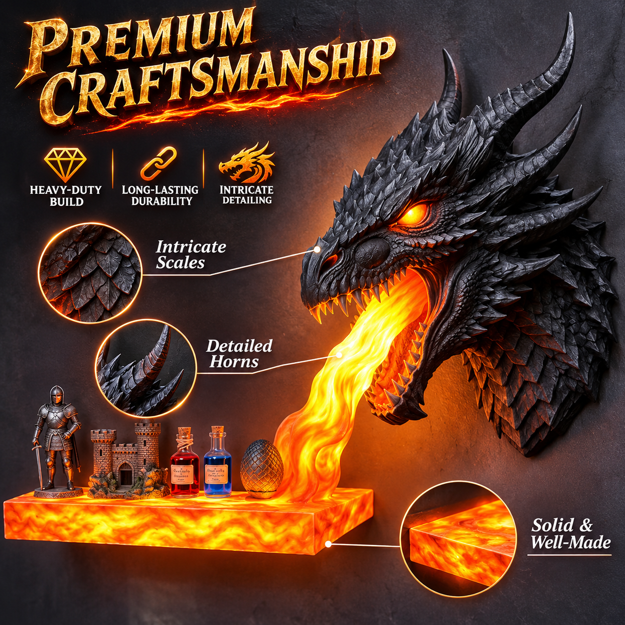 LED fire-breathing dragon wall decoration, wall hanging shelf with glowing flame lights