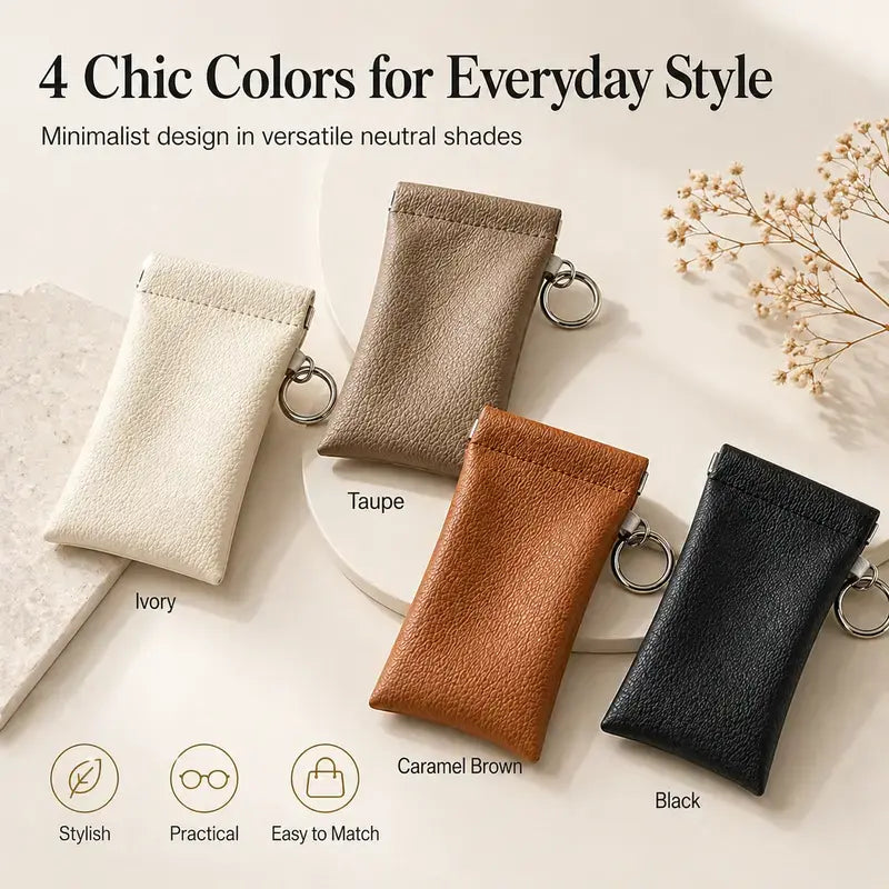Soft PU Leather Sunglasses Pouch With Built-in Cleaning Cloth And Keychain